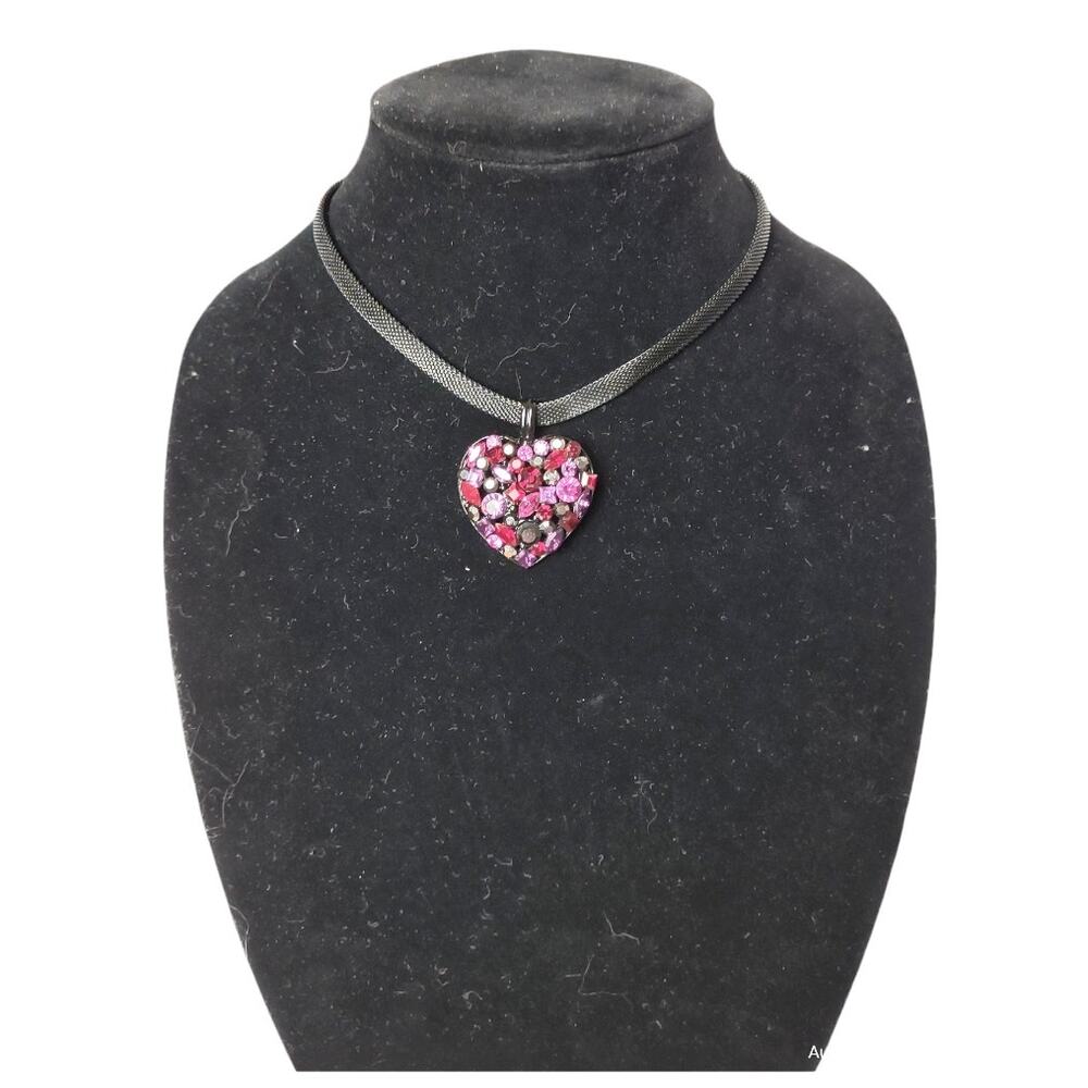 Pink Rhinestone Heart Pendant Necklace with Black Mesh Chain Simple Statement